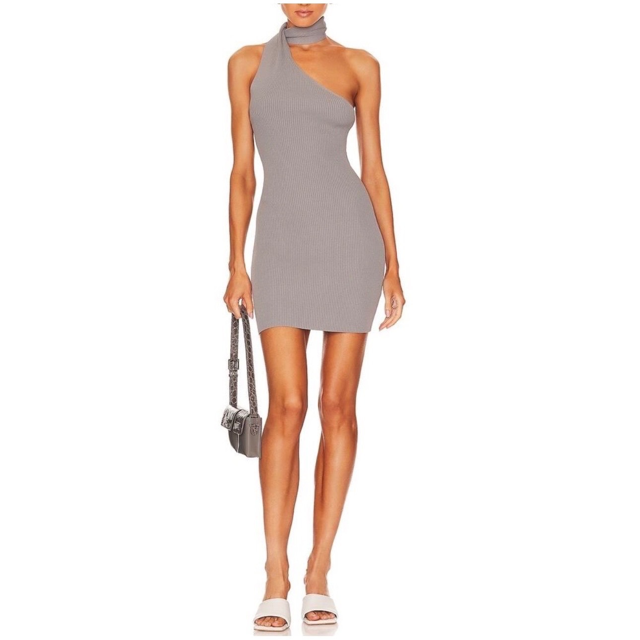Nwt Atoir Jasper Mini Dress Ash Grey Ribbed One Shoulder High Neck Size 6